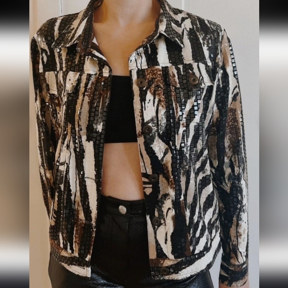Elementz Vintaged 90s Y2K Zebra Animal Disco Ball Print Button-Up Shirt Jacket